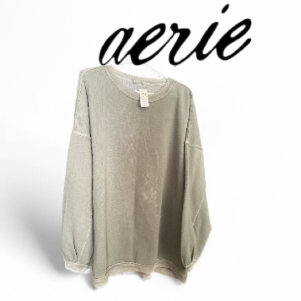 XL Aerie Oversized Sage Green  Distressed Sweatshirt with Balloon Sleeves, NWT - Picture 3 of 17